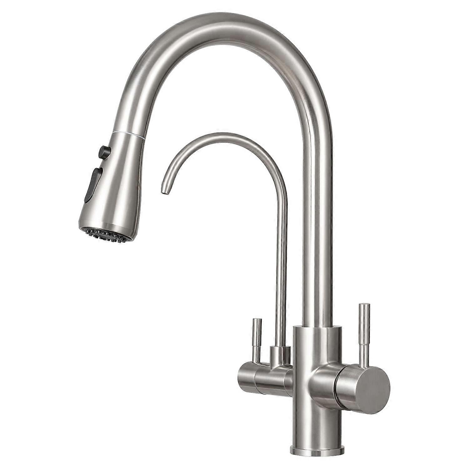 3Way Stainless Steel Tap, 360° Rotatable Drinking Water Tap with Extendable Hand Shower, 3in1 Kitchen Mixer Tap with Water Filter, 2 Handles