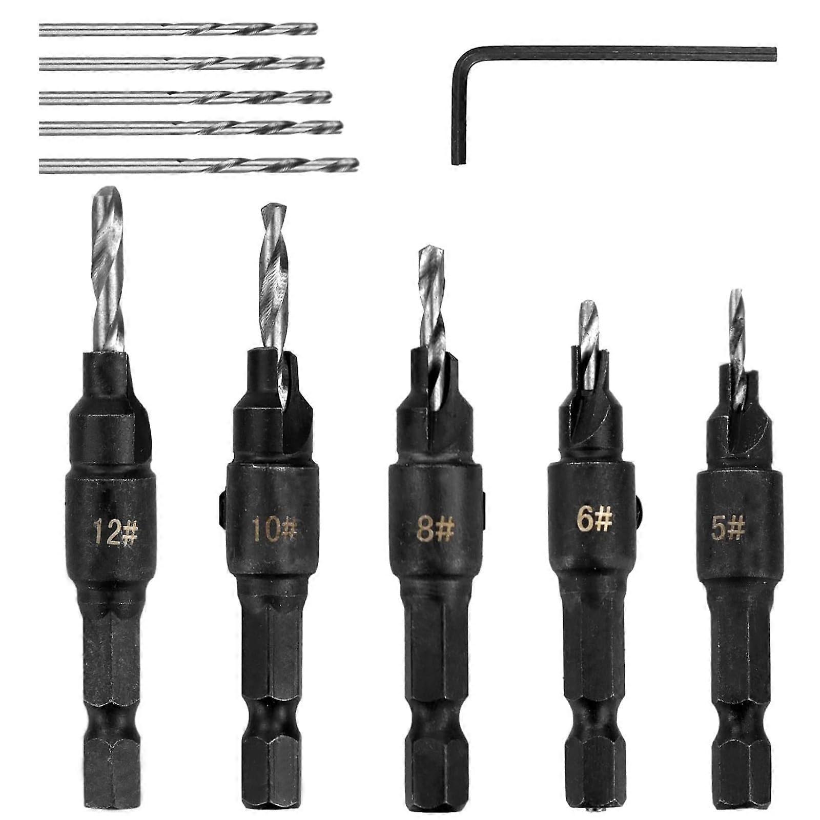 Countersink Drill Bit Set, 5 Pieces HSS Twist Drill Bit with Wrench, for 512 Screws