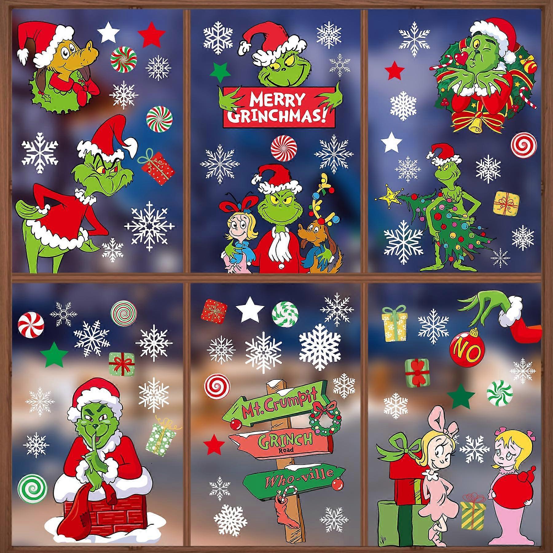 Christmas Window Stickers 9 Sheets Double-Sided Printed Elf Faces Clings Snowflake Decals For Christmas Decor