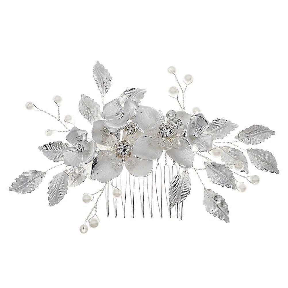 Bride Hair Comb Flower Leaves Shape for Parties Silver Copper Wire Zinc Alloy with Firm Hold 1Set