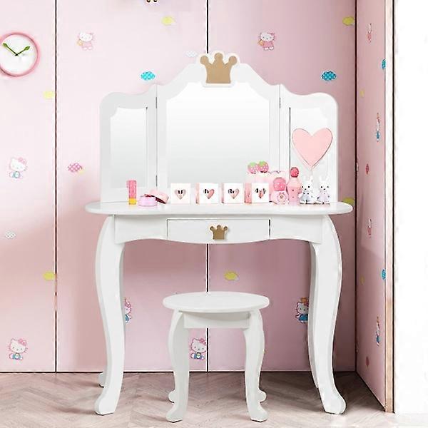 2 in 1 Dressing Table Set Dressing Table for Children Dressing Table Girls Mirror Table in Wood White