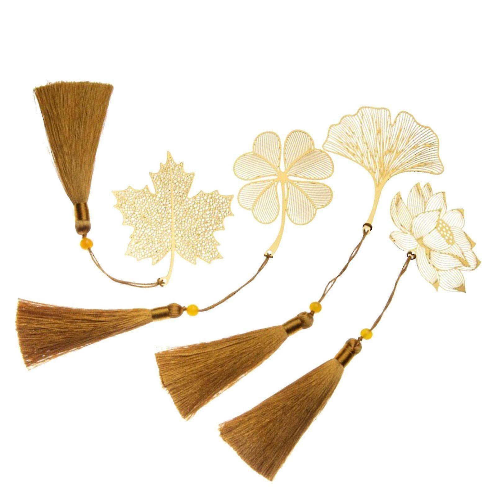 4pcs Metal Bookmarks with Chain Four Patterns Hollow Thin Golden Brass Metal Bookmarks