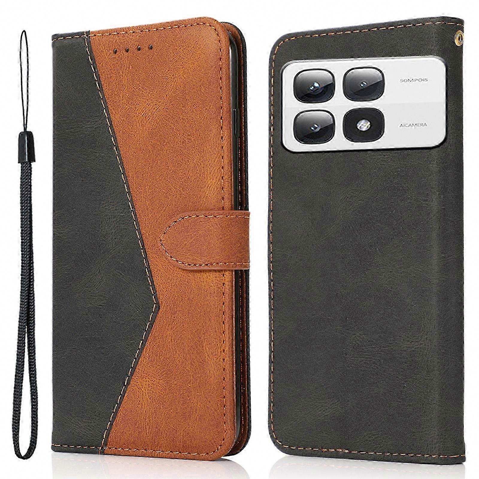 14T Pro Leather Phone Case with Wallet Stand, Wrist Strap, Color Splicing Design