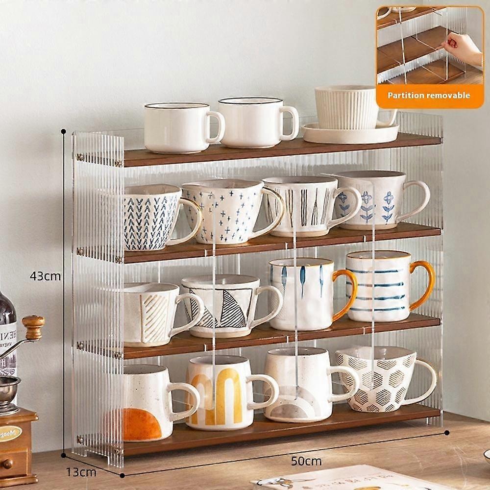 4-Tier 50cm Length Bamboo Cup Storage Rack Transparent Acrylic Organizer Shelf with Removable Divide