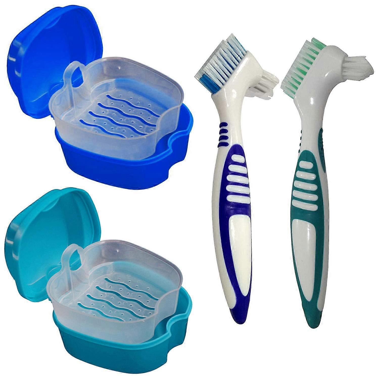 4Pcs Denture Bath Case Cup Box Holder Storage Container with Denture Cleaner Brush Strainer Basket for Travel Cleaning