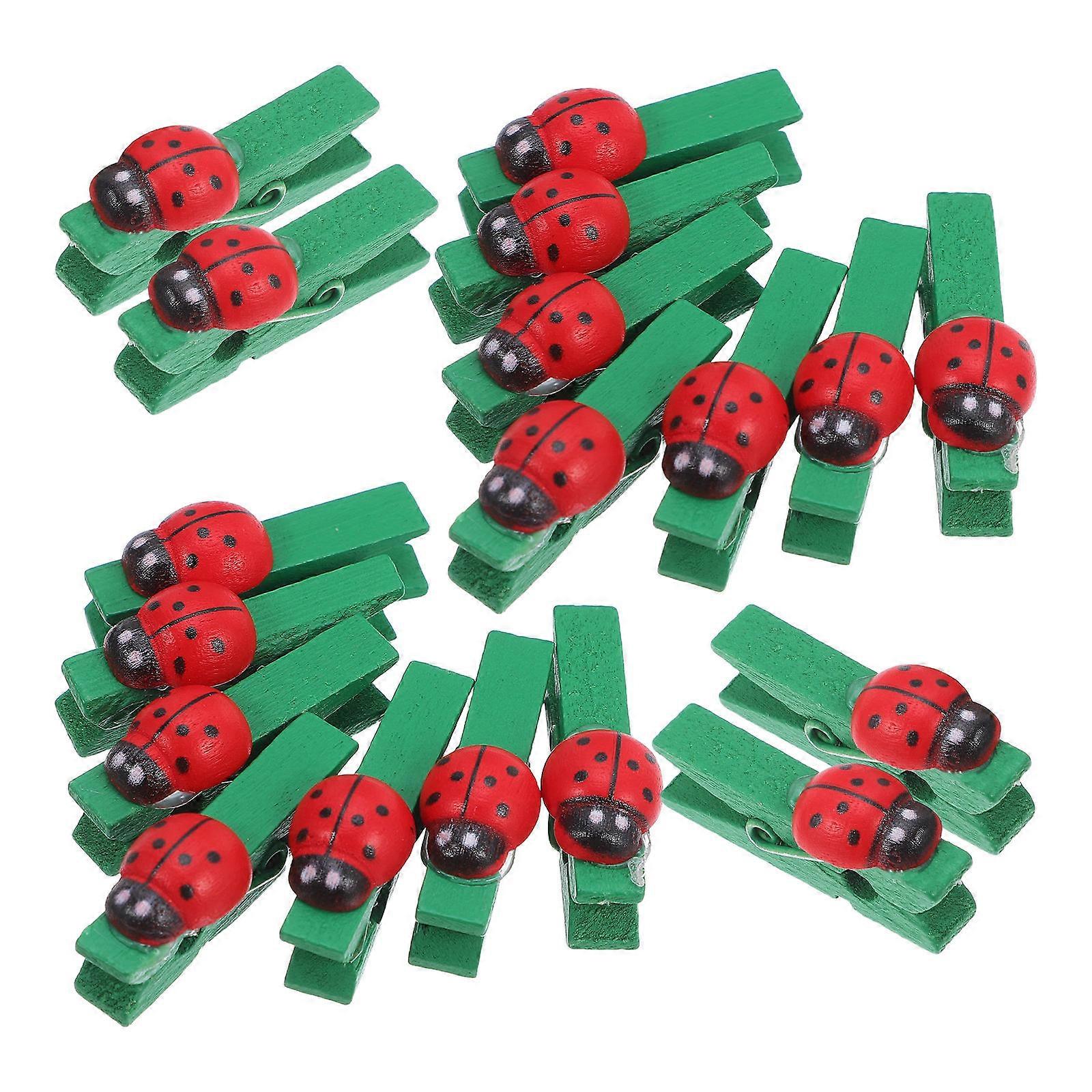 Wooden Note Clip Mini Ladybug Shape for Crafts and Metal for Memo Card Holding 30Pcs