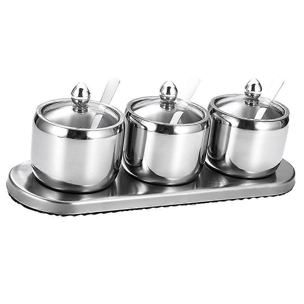Stainless Steel Seasoning Containers Set Canister Spice Storage Pot Container 3 Jars with Base Cylindrical Hotel Use 11.8×3.9×2.6in 3Pcs