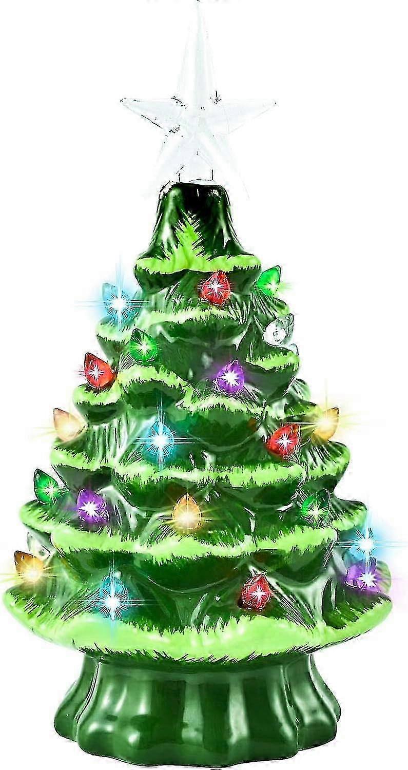 Ceramic Christmas Tree 8 Pre-Lit Hand-Painted Tabletop Xmas Decor with 32 Multicolored Lights&Top Star, Retro Centerpiece