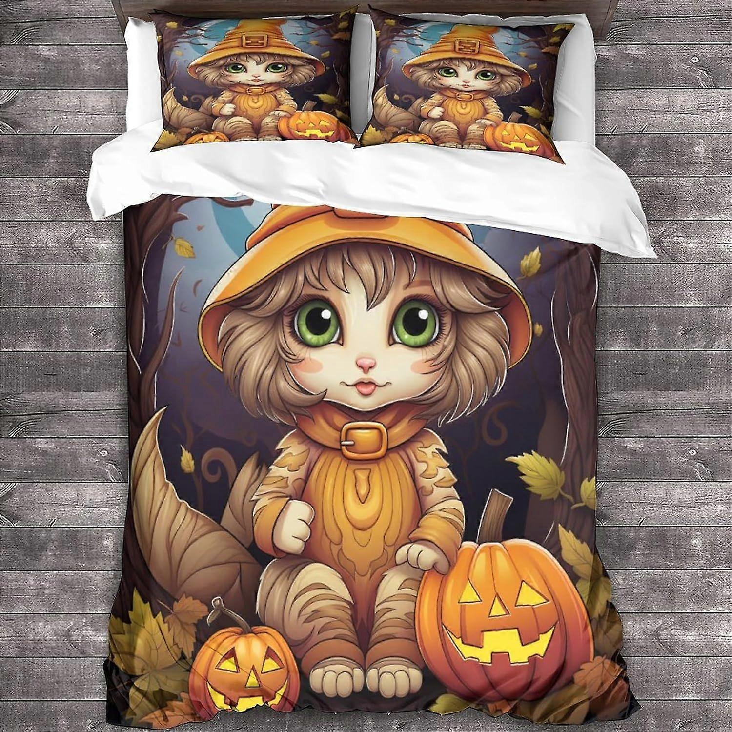 LikeEj Cat Cama Edredom Capa Halloween Impresso Colcha de Cama para Crianças Adolescentes Animal Roupa de Cama Set com fronhas Duplo