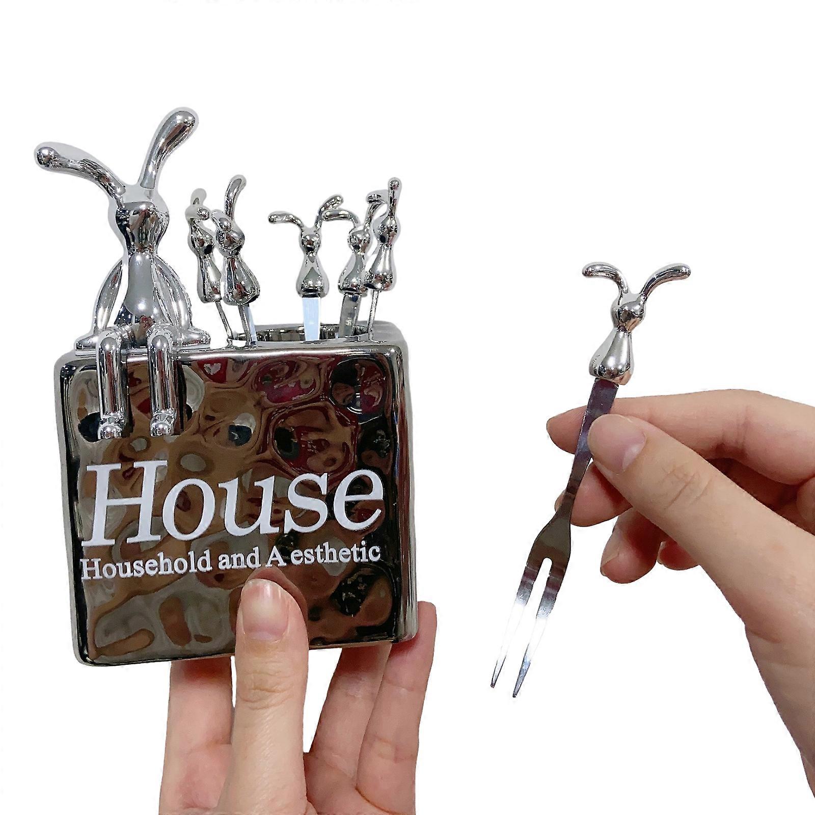 6 Pieces Fruit Fork Set Versatile Fruit Fork Storage Holder Cute Rabbit Cake Fork Set Perfect for Snacks and Desserts  Silver