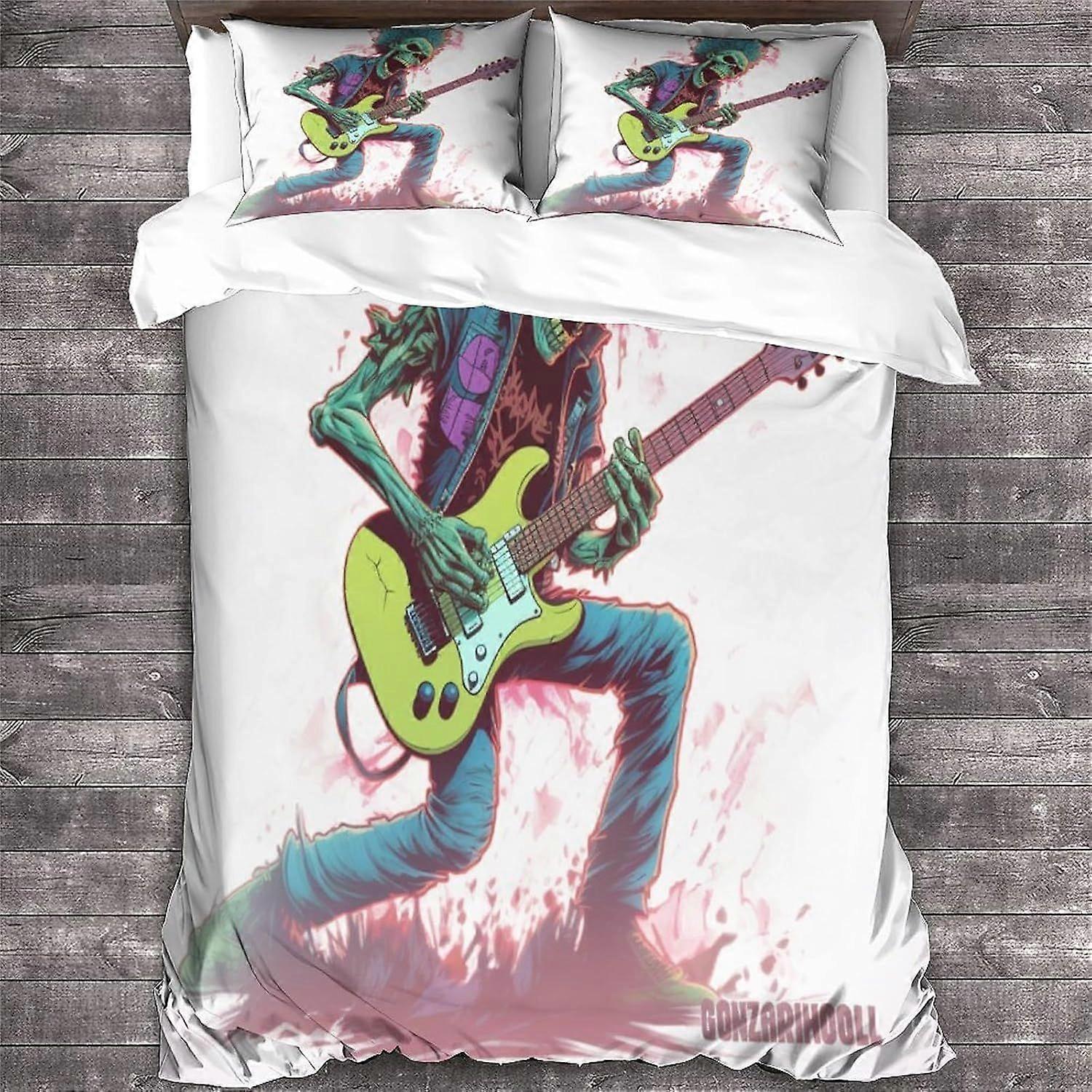 Rock 'n' Roll Capa de edredom, 3D crânio Bedding Heavy Metal guitarra capas de colcha, Microfiber Bed Cover com fronhas de travesseiro Duplo