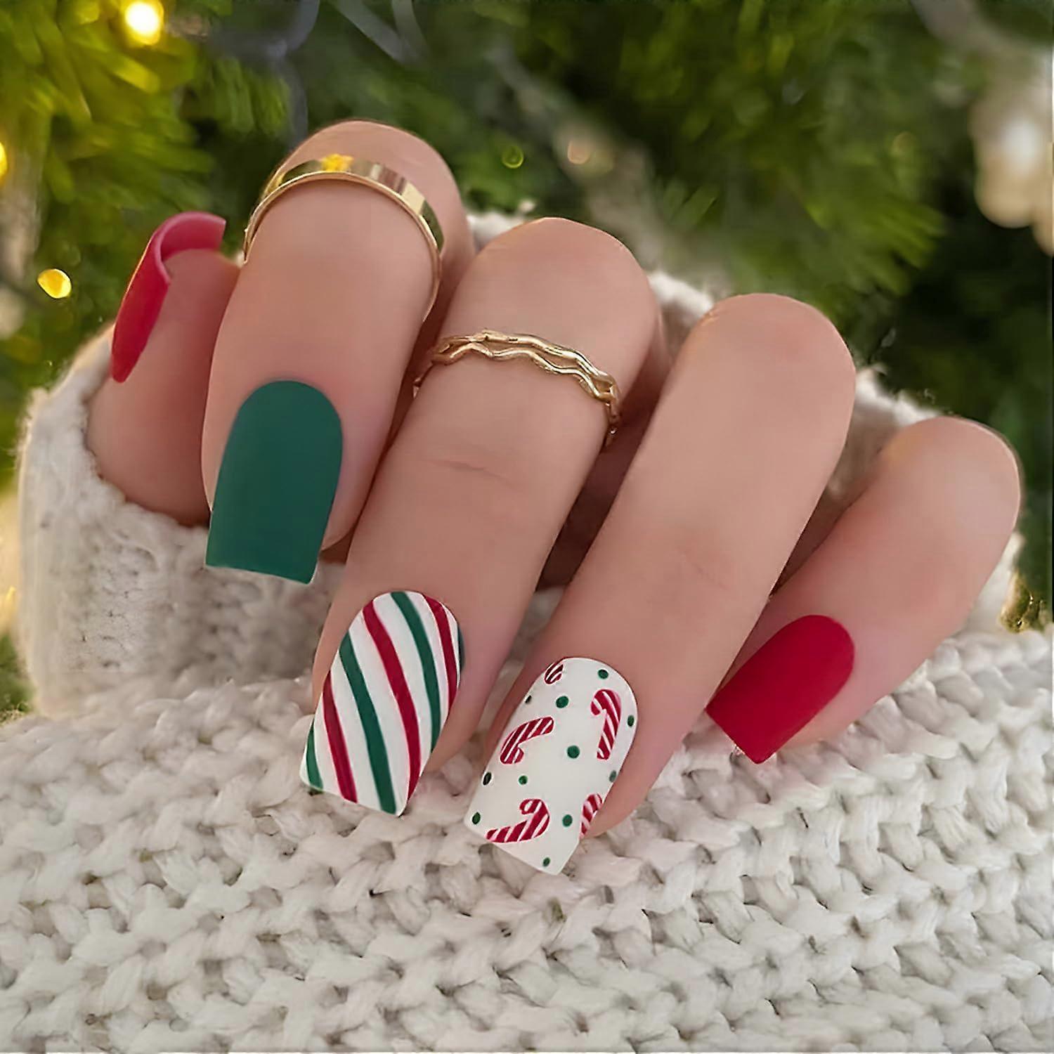 Christmas Press On Nails Set with Candy Cane and Snowflake Design, Reusable Medium Square Tips, 24PCS