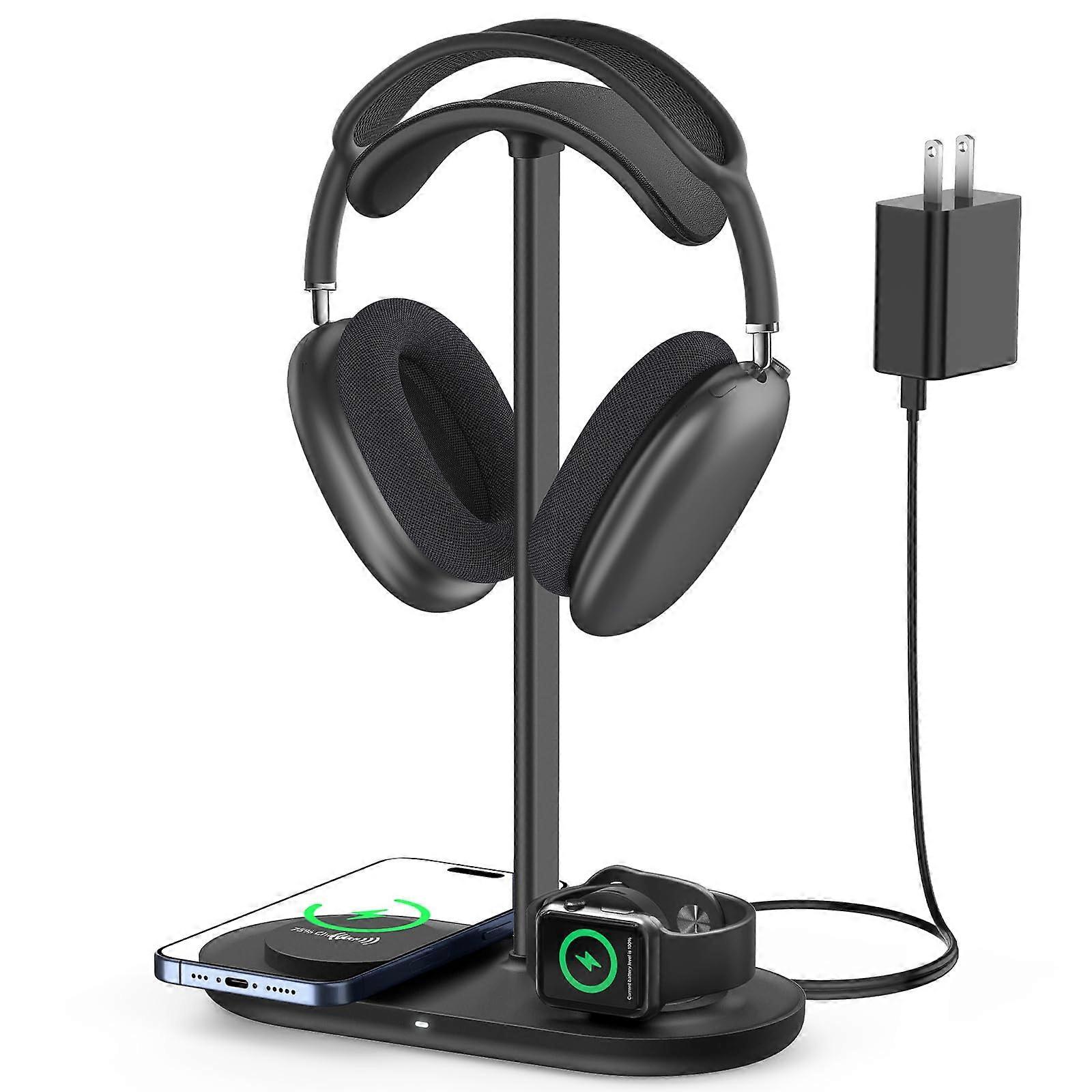 Headphone Stand with Wireless Charging, 3 in 1 Fast 15W Dock compatible with Phone, AirPods and Apple Watch