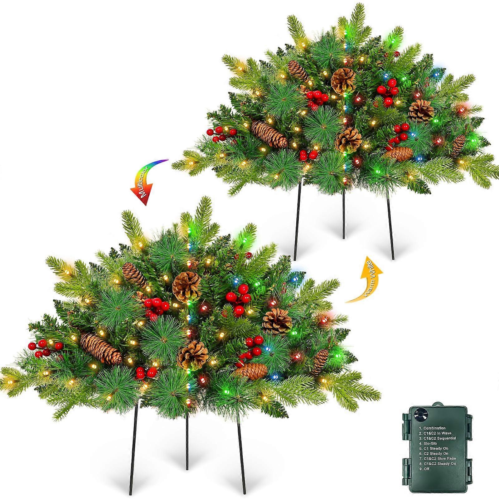 2 Pack PreLit Outdoor Christmas Urn Fillers with LED Lights, Timer, Dual Modes, 22 Inch Trees