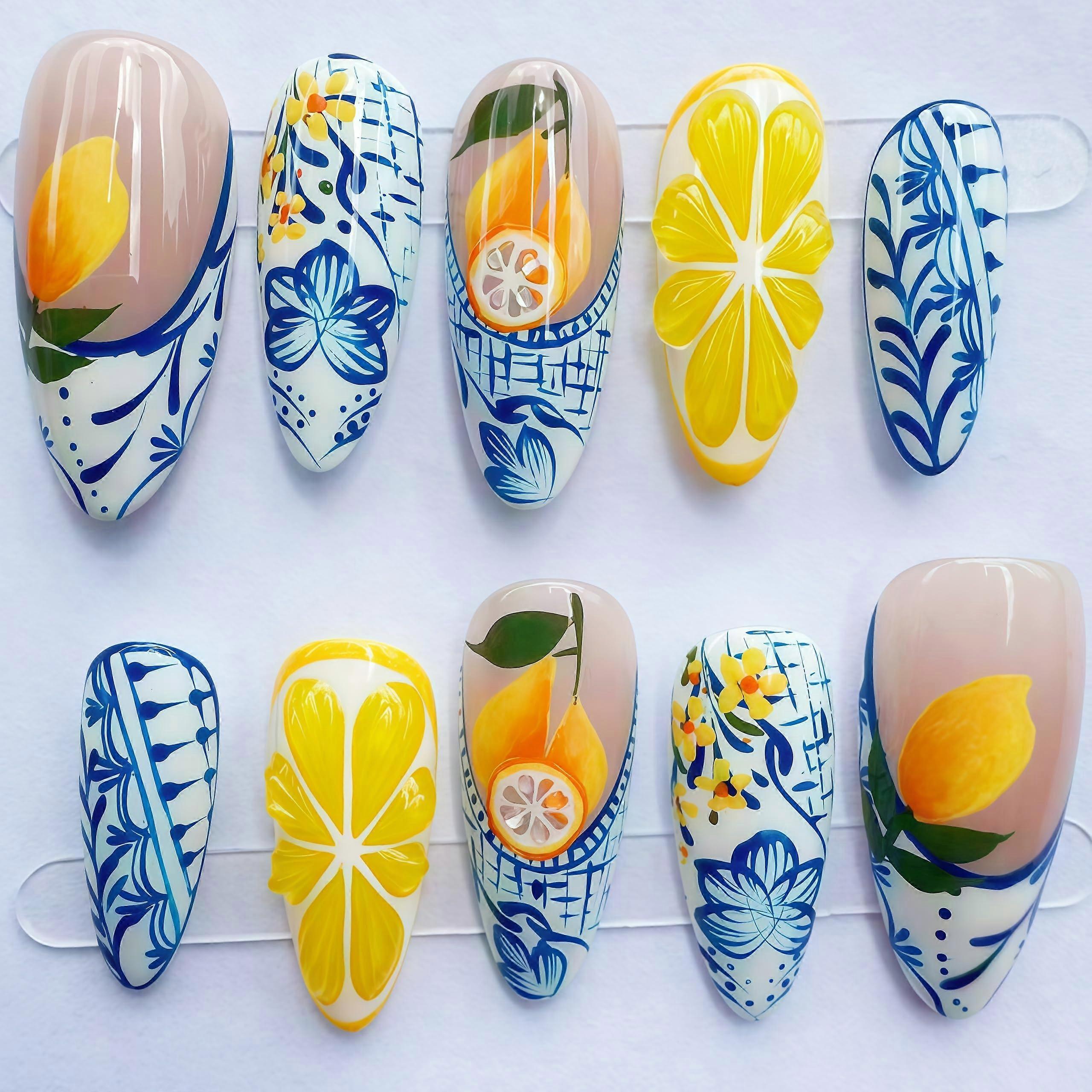 Mediterranean Lemon Blue Handcrafted 3D Press On Nails Set L with UV Coating and Full Kit
