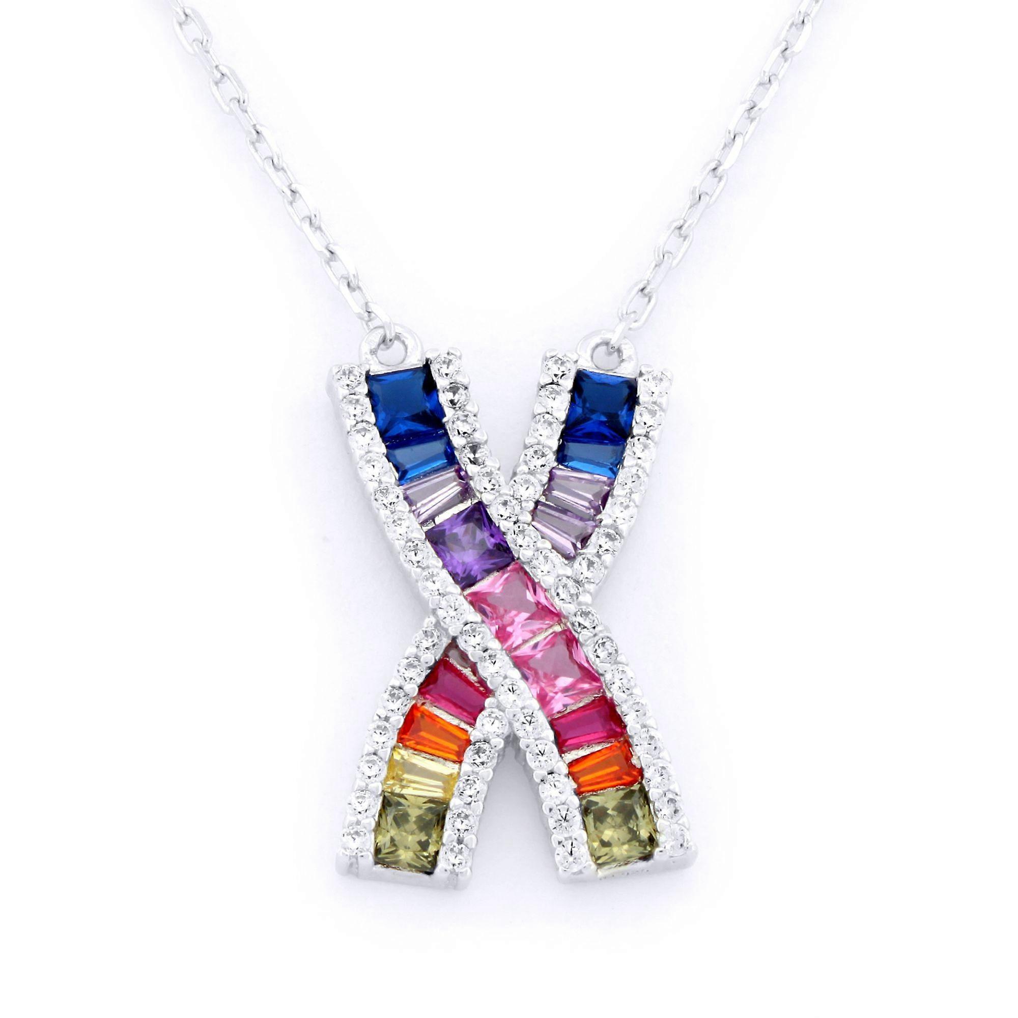 Jewelco London Rhodium Silver Rainbow Princess Baguette CZ Crossroads Channel Kiss Pendant Necklace