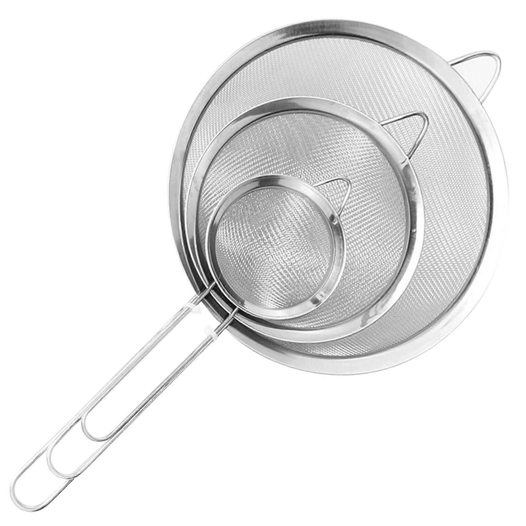 3Pcs Fine Mesh Strainer Set Stainless Steel with Long Handle, 3 Sizes for Sifting Straining Rinsing