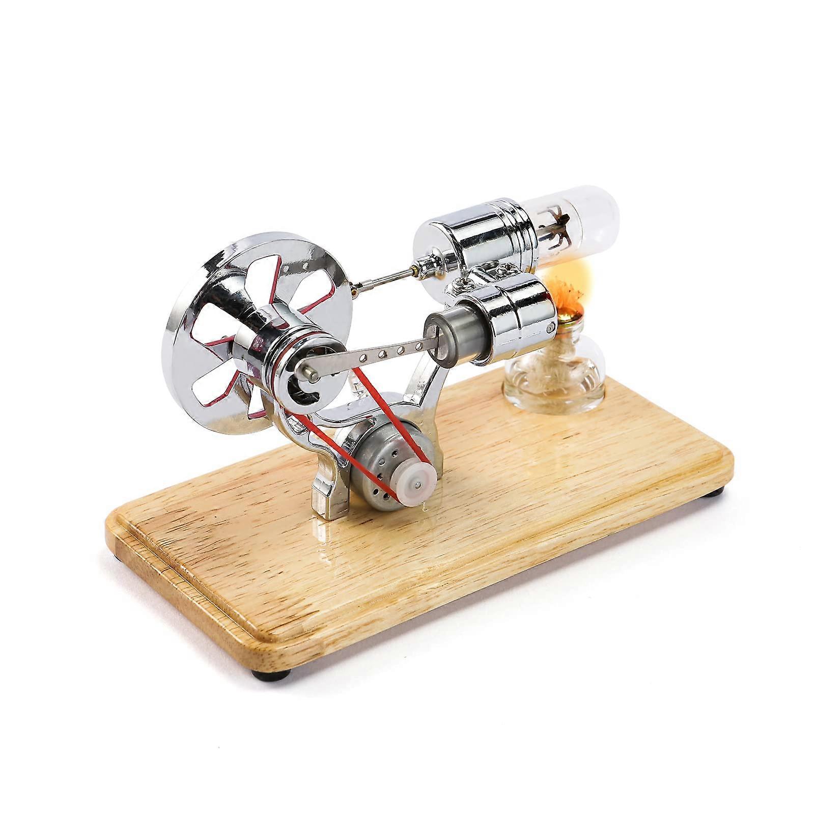 Mini Stirling Engine Model with LED Visual Effect, Low Noise, Wooden Base for Educational Display