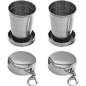 Set van 2 opvouwbare campingbekers van roestvrij staal, 75 ml, telescopische, draagbare, opvouwbare mok met sleutelhangertje