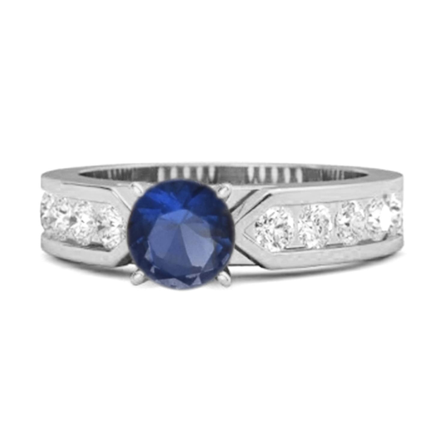 Blue Sapphire Round Solitaire Statement Ring - 925  Sterling Silver