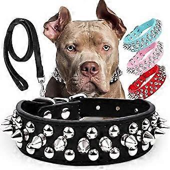 M 2.5 * 42 (CM) Spiked bezaaide lederen halsband met riem, klinknagel PU lederen halsbanden voor pitbull, duurzame lederen kattenhalsband met spikes bezaaid voor sm