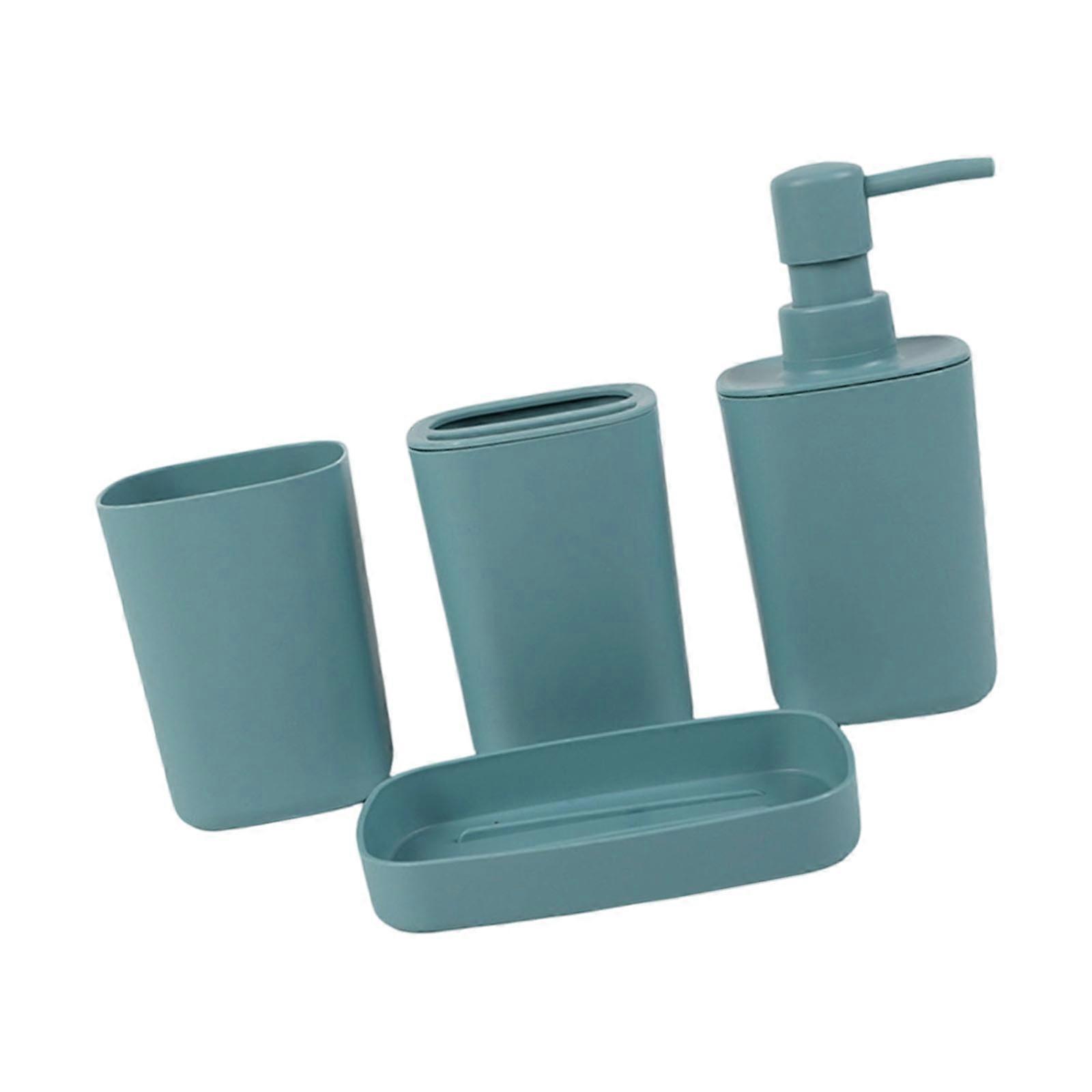 4pc Bathroom Press Type Lotion Dispenser Toothbrush Rack Square Cup Space Saving Solution Blue