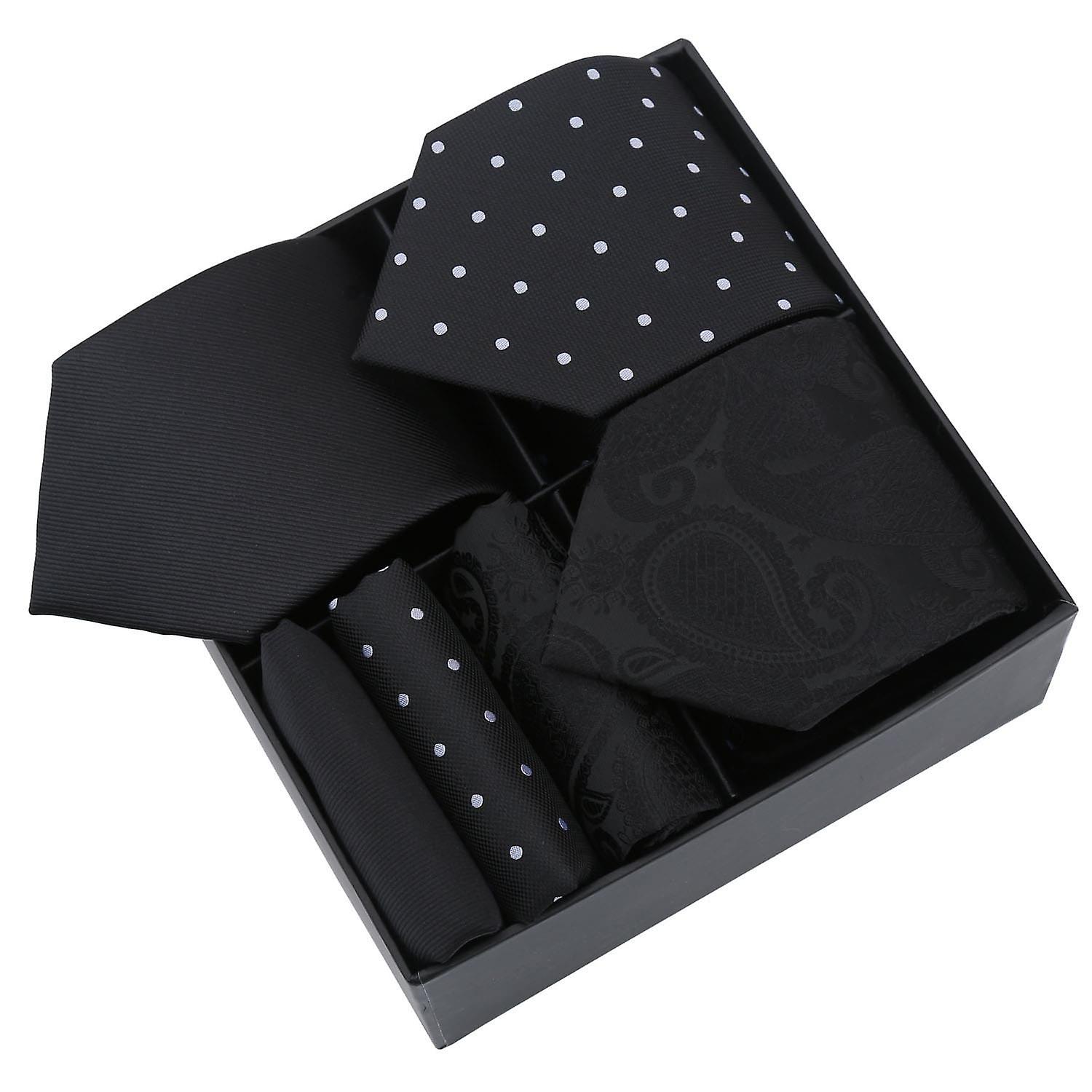 Black Mixed Pattern Tie and Pocket Square 3pc Gift Box Set