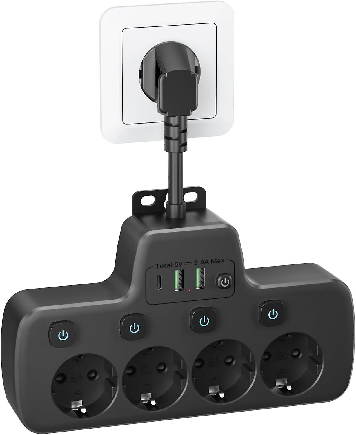 Multiple Socket with Individual Switch, Electrical Power Strip with USB C Wall Power Strip 4 Outlets and 3 USB Chargers Power Strip Adapter Surge Prot