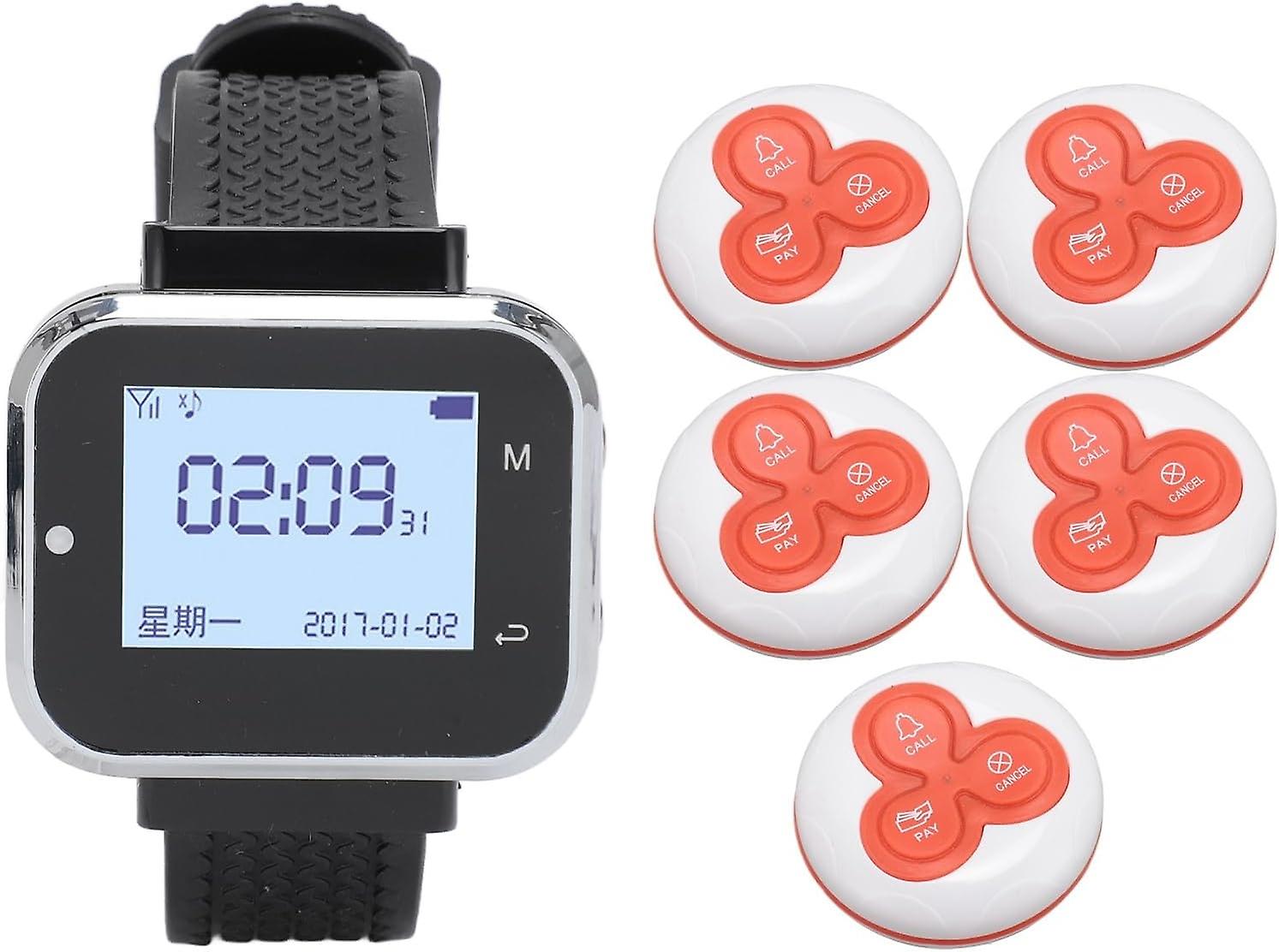 Wireless Calling System, Restaurant Queue Vibrating Buzzing Device with 1 Watch Receiver 5 Pagers fo
