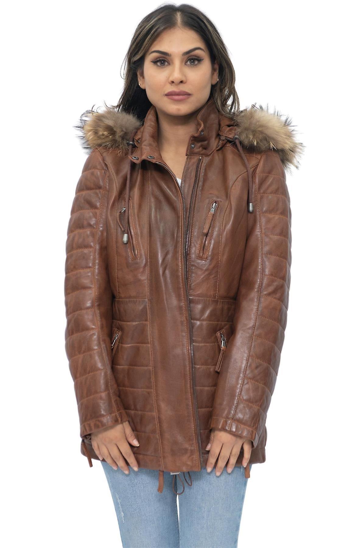 Womens Tan Quilted Leather Long Parka Jacket