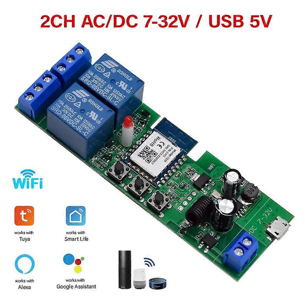 Tuya Smart Switch 2 Channel WIFI Relay Module RF433 Wireless Control 12V 24V 220V Work With Smart Life Alexa Google Assistant