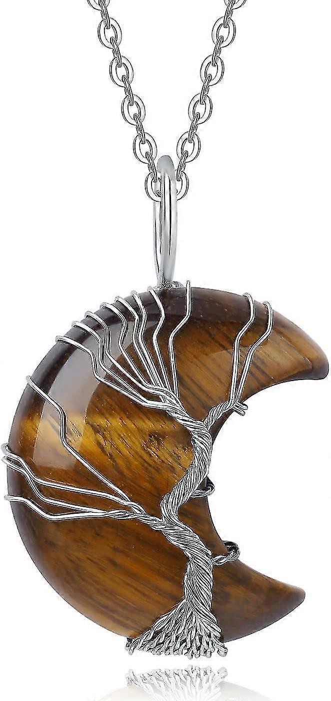 Healing Crystal Necklace Tree Of Life Wire Wrapped Amethyst Crescent Moon Natural Stone Pendant Necklaces Hippie Boho Witch Wiccan Spiritual Reiki Gem