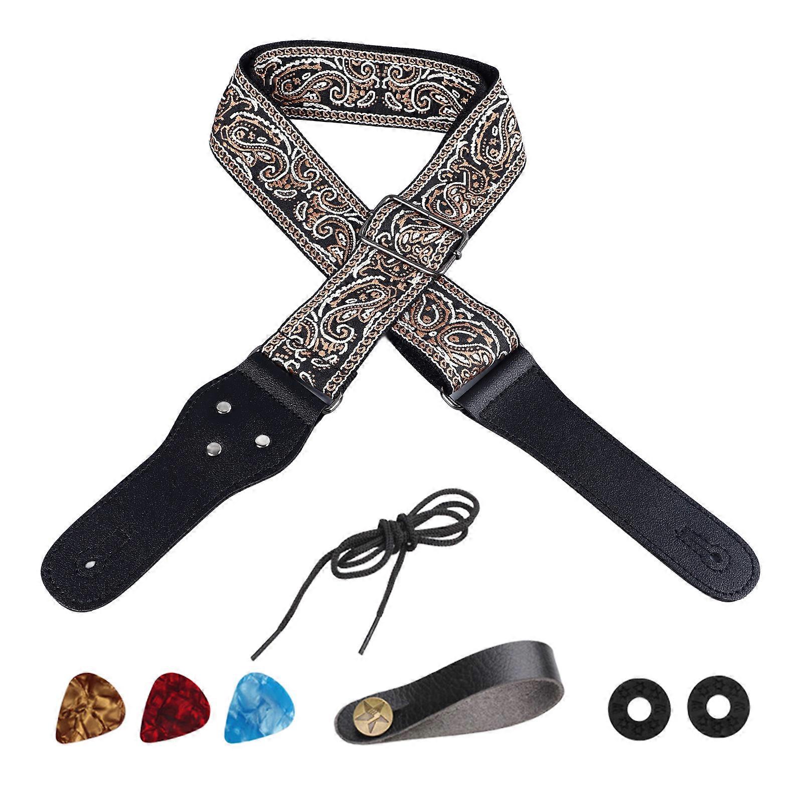 Guitar Strap Embroidery Widened Adjustable Shoulder Strap with Picks for Acoustic Electric Guitar Bass Brown