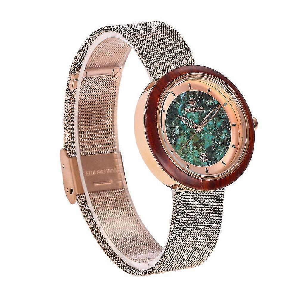 Handgjord Redwood Turkos Leopard Marble Läder Strap Klocka Casual