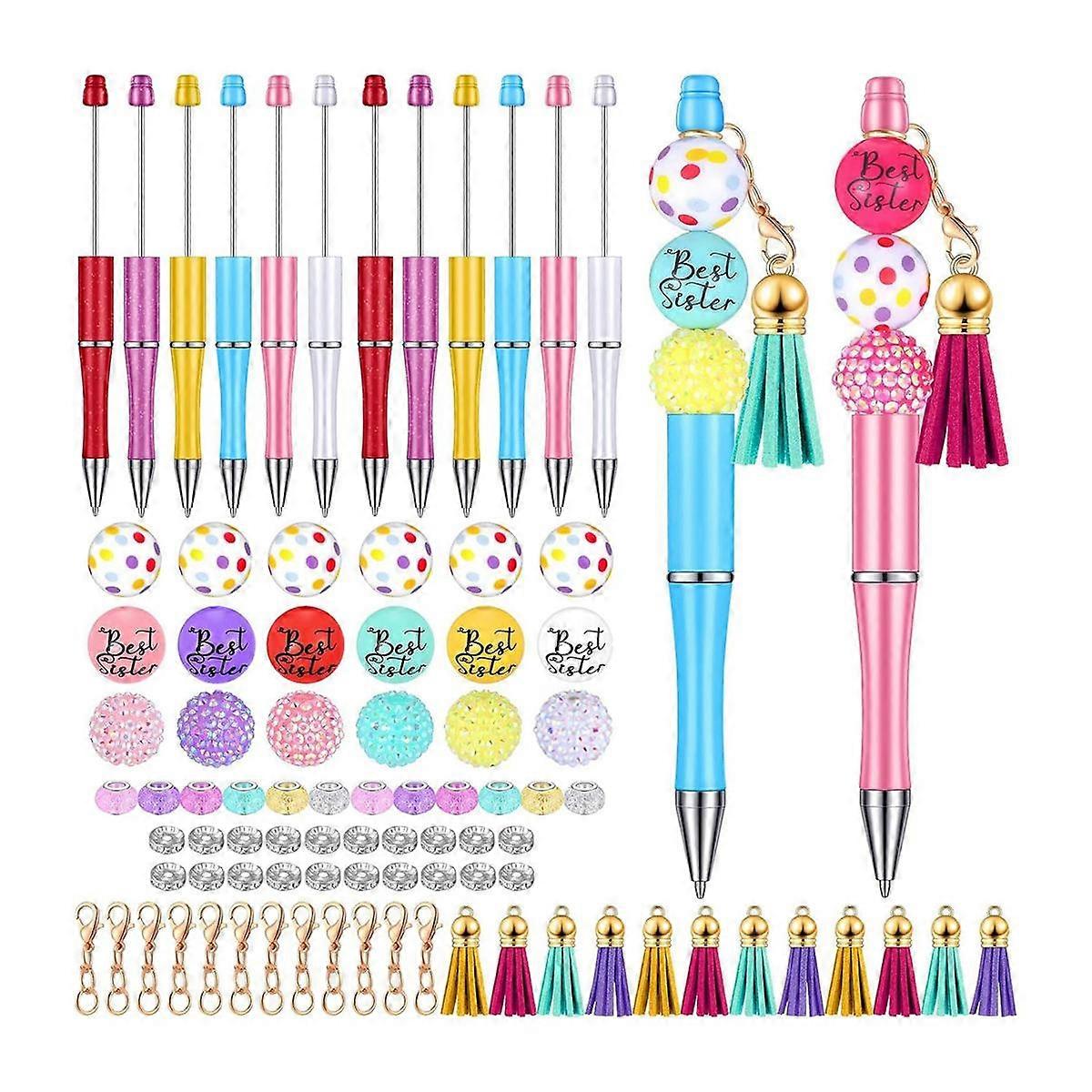 12 Pieces Beadable Pens Bulk Bead Pens with Assorted Colors Beads Pen DIY Making Kit Multicolor Bal