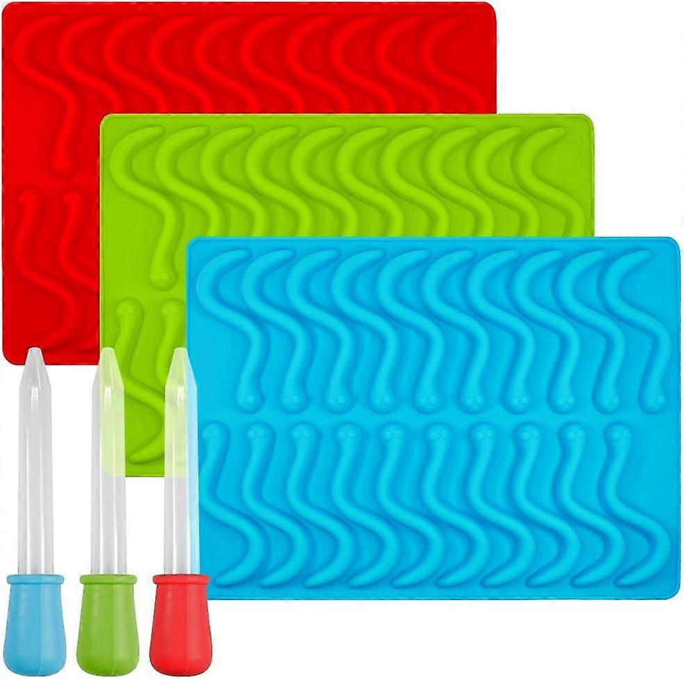 Gummy Worm Silicone Molds with 3 Droppers, 3 Pack Molds Ice Cube Trays