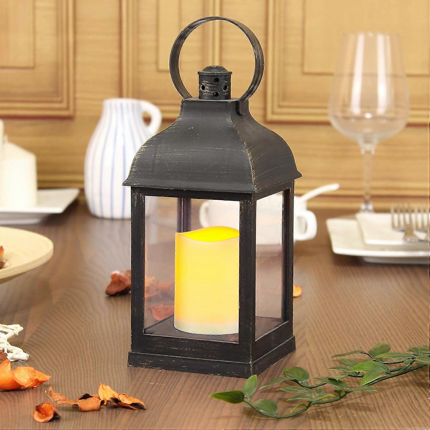 Decorative Lanterns With 9"H Flameless Candles With Timer Indoor/Outdoor Lantern With Hanging Use 3Aaa Battery, Plastic With Bronze Undertones (Square