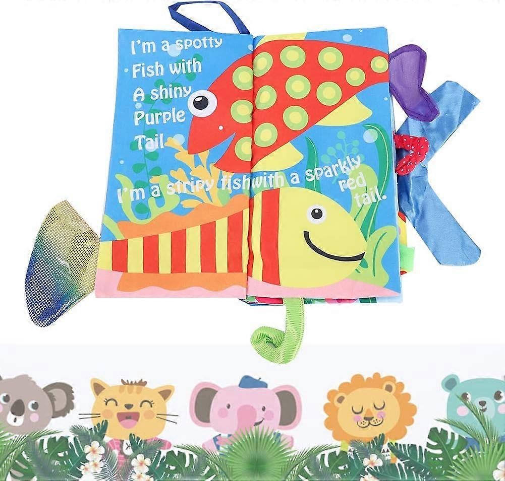 赤ちゃんのための布の本、私の最初のソフトブック3D動物の尻尾の布の本リングペーパー子供のための早期学習教育玩具(海)