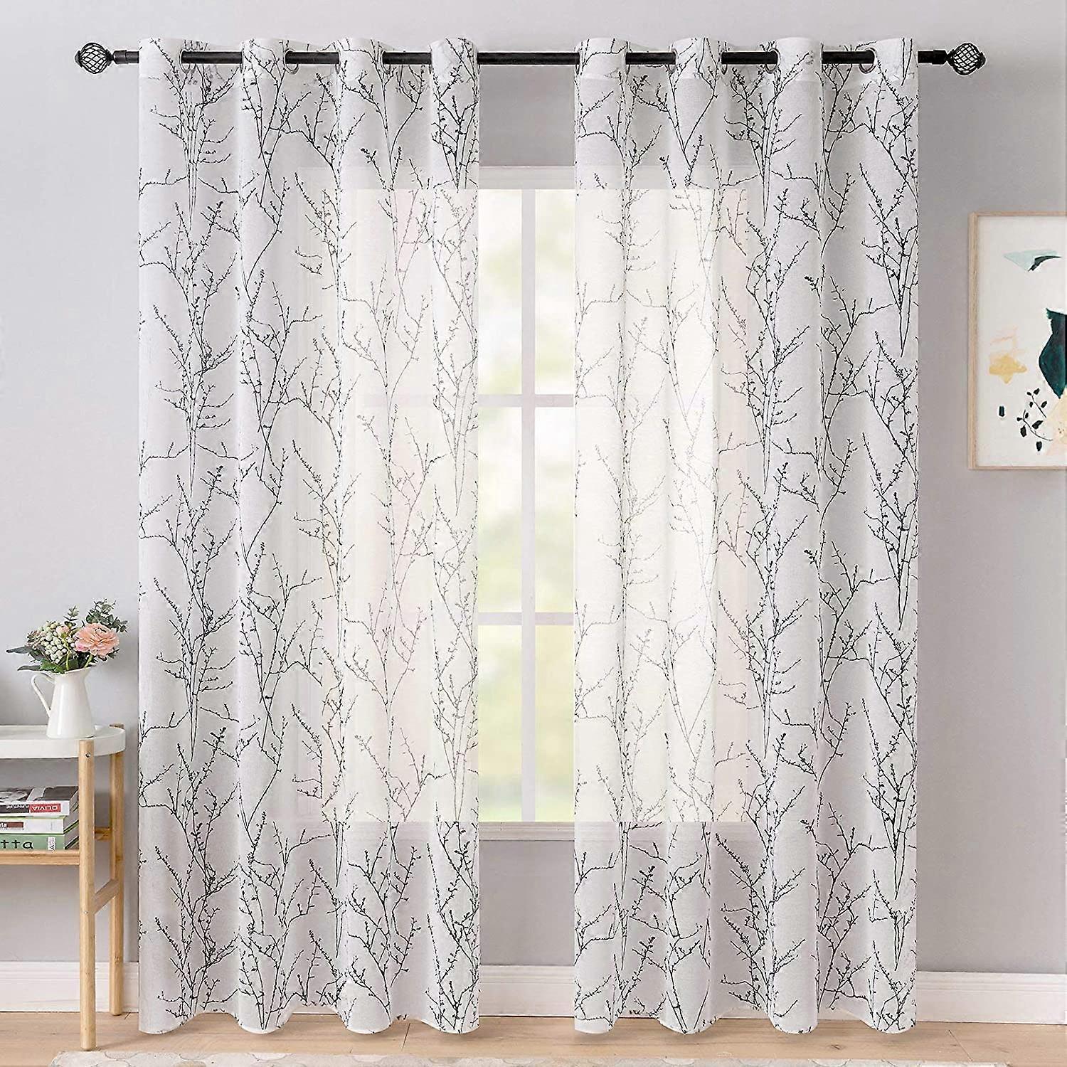 Panels Curtains Branch Pattern Printed Semi-Sheer Window Curtain Smooth Elegant Durable Decoration Treatment 140x160CM(LXH) Black