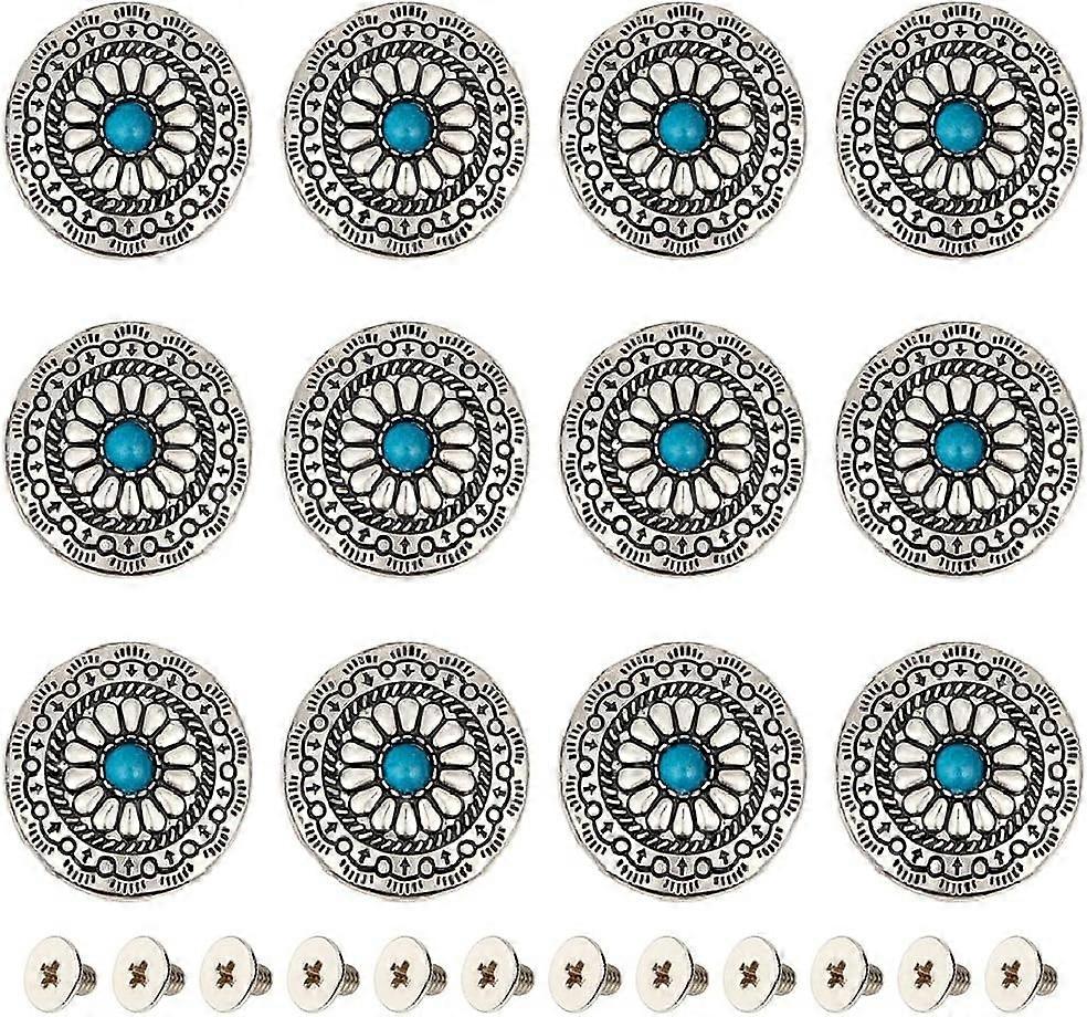 1 Box 12PCS 30mm Screw Back Buttons Blue Turquoise Conchos Round Vintage Buttons Sunflower Daisy Decorative Screws Rivets Buckles Replacement Buttons
