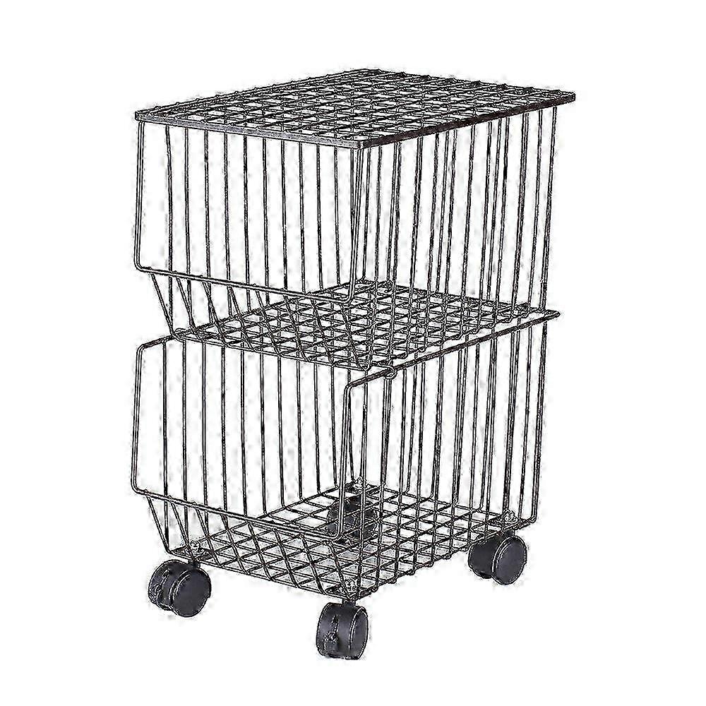Movable Iron Storage Shelf 2 Layer Tier Drying Mesh Basket Metal Rack With Wheels Storing