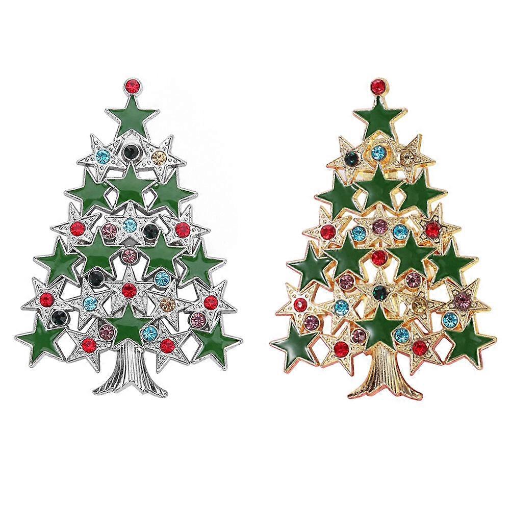 2個のクリスマスツリーデザインブローチユニークなラインストーンブレストピンコスチュームアクセサリー