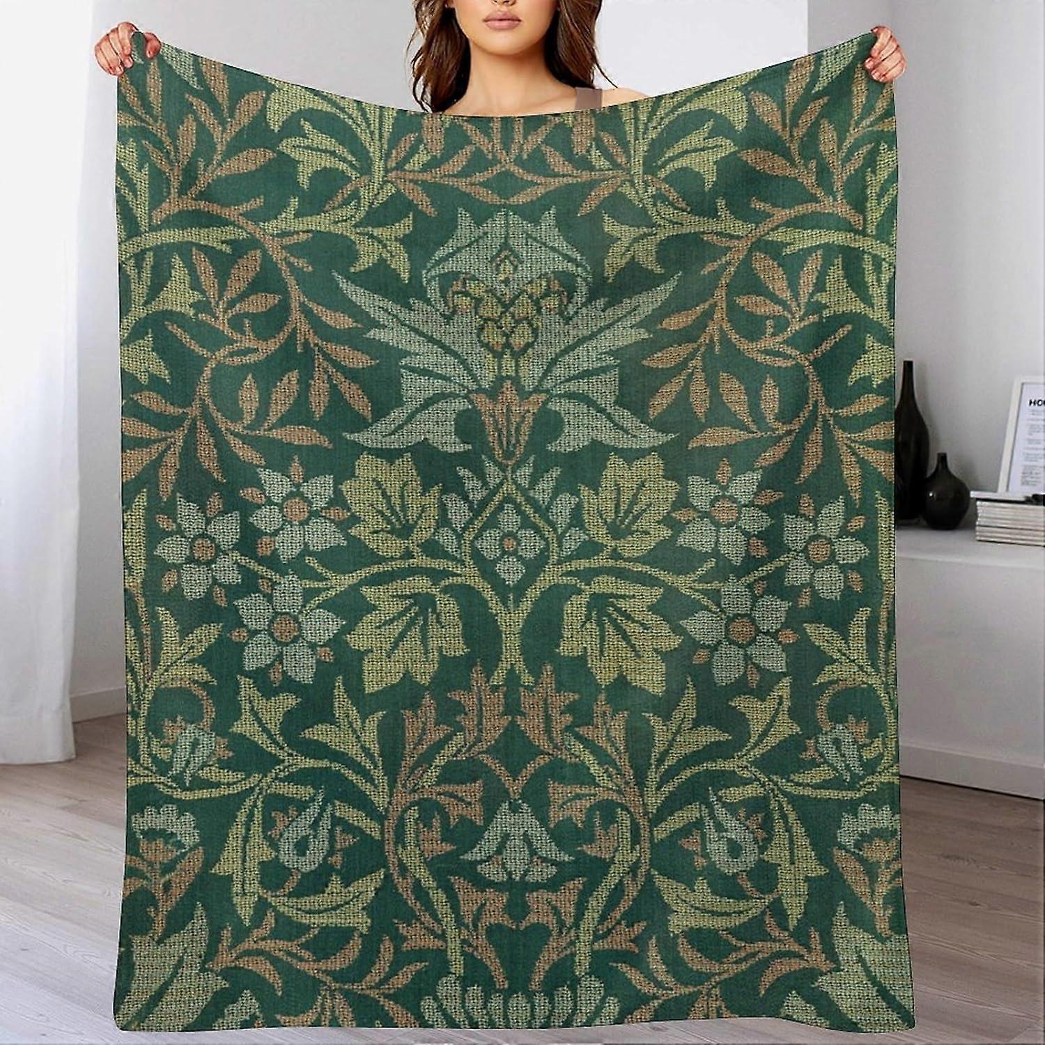 Vintage Green Floral Print Pattern Blanket Super Soft Cashmere Flannel Blanket (360gsm Flannel) 60"X80" Inch