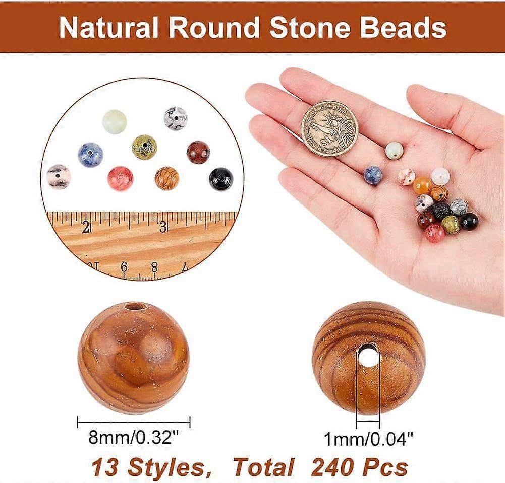 240 Pcs Natural Stone Beads 13 Styles of Synthetic and Natural Mixed Gemstone Beads with Round Center Drilled Holes Suitable for DIY Bracelet Necklace
