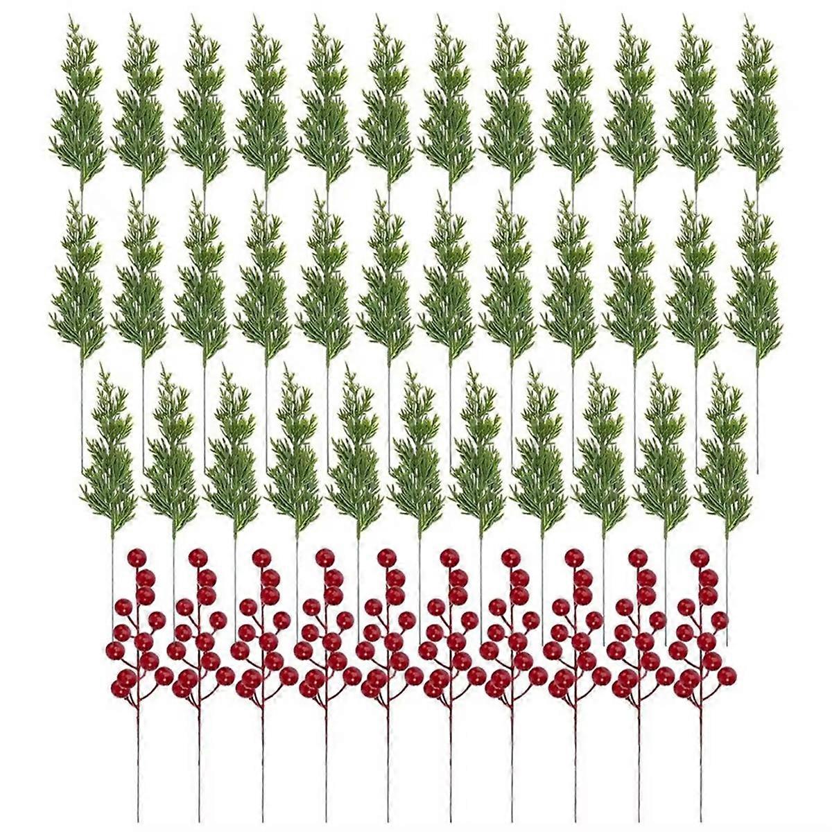 45Pcs Decorations Artificial Pine Branches Holly Berries Red Berry Stems for Xmas Tree Wreaths Gift