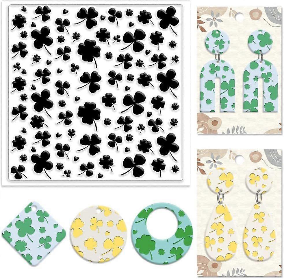 Lucky Clover Polymer Clay Texture Sheets Four-Leaf Clover Silicone Texture Stamp Clay Modeling Pattern Pad Texture Sheets for Polymer Clay Making Earr