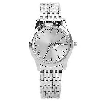 Relógio masculino de quartzo comercial com data dupla, elegante, clássico, quartzo, aço inoxidável, vestido, relógio prateado