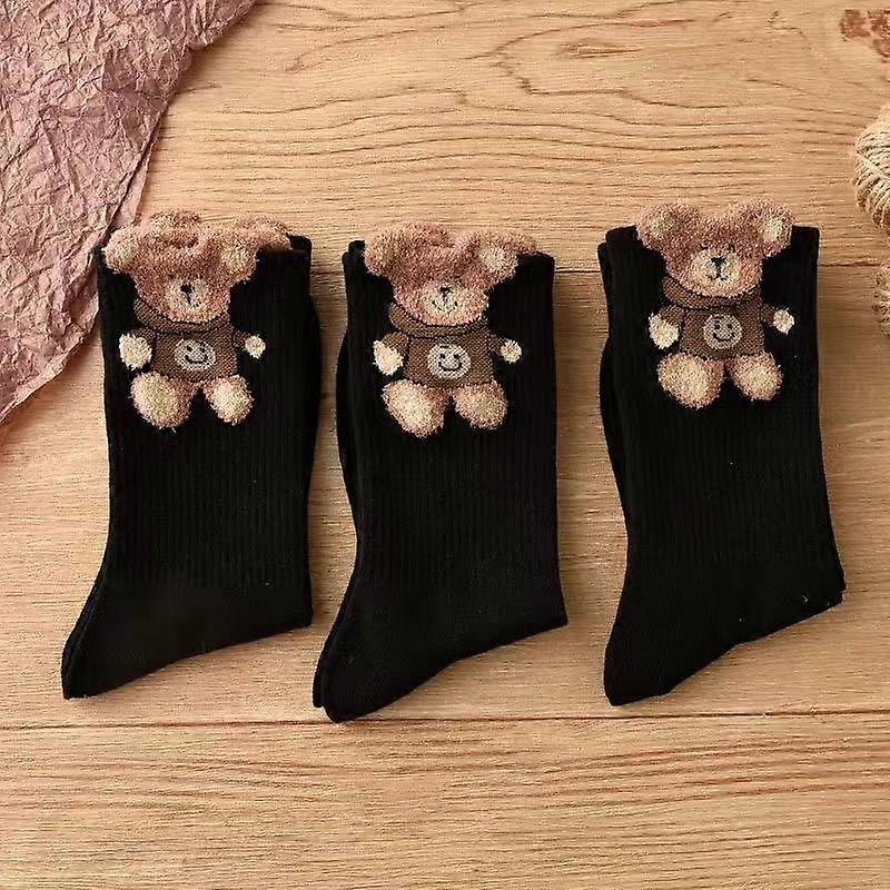 3 Pairs Women's Bear Socks Mid-calf Plush Socks Cute Ins Trendy Autumn and Winter Socks