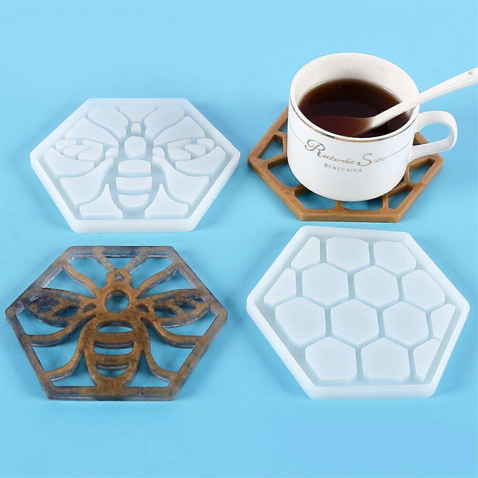 2Pcs Bee Honeycomb - Resin Casting Tray Cup Mat Epoxy Mould