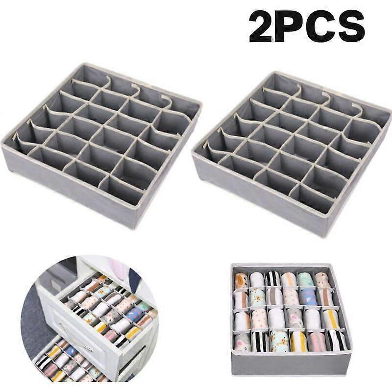2 Pack Storage Boxes, 24 Cell Foldable Drawer Dividers for Storing Socks, Scarves, Grey